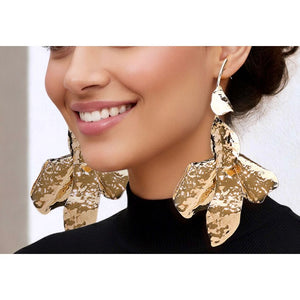 Triple Leaf Gold Flower Statement Earrings.