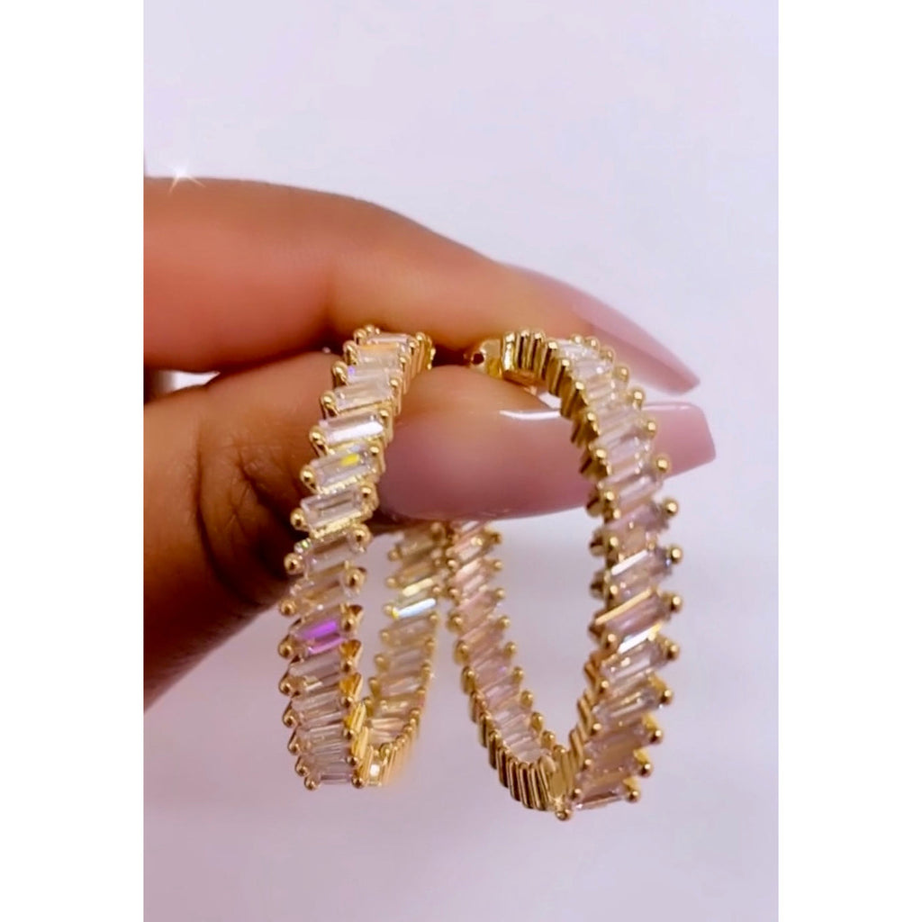 Gold Crystal Baguette Hoops Earrings (Gold or Silver)